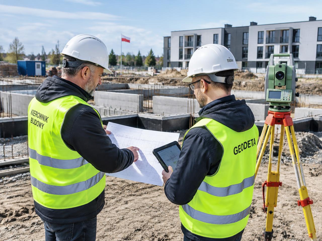 Kierownik budowy i geodeta omawiają projekt na placu budowy