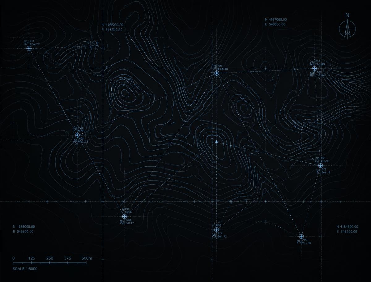 Mapa sytuacyjno-wysokościowa z liniami konturowymi i punktami pomiarowymi