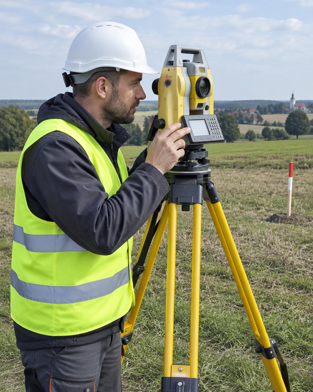 Geodeta podczas pomiaru tachimetrem